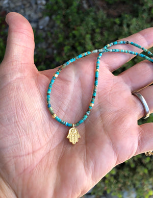 Gold Hamsa and Turquoise Necklace