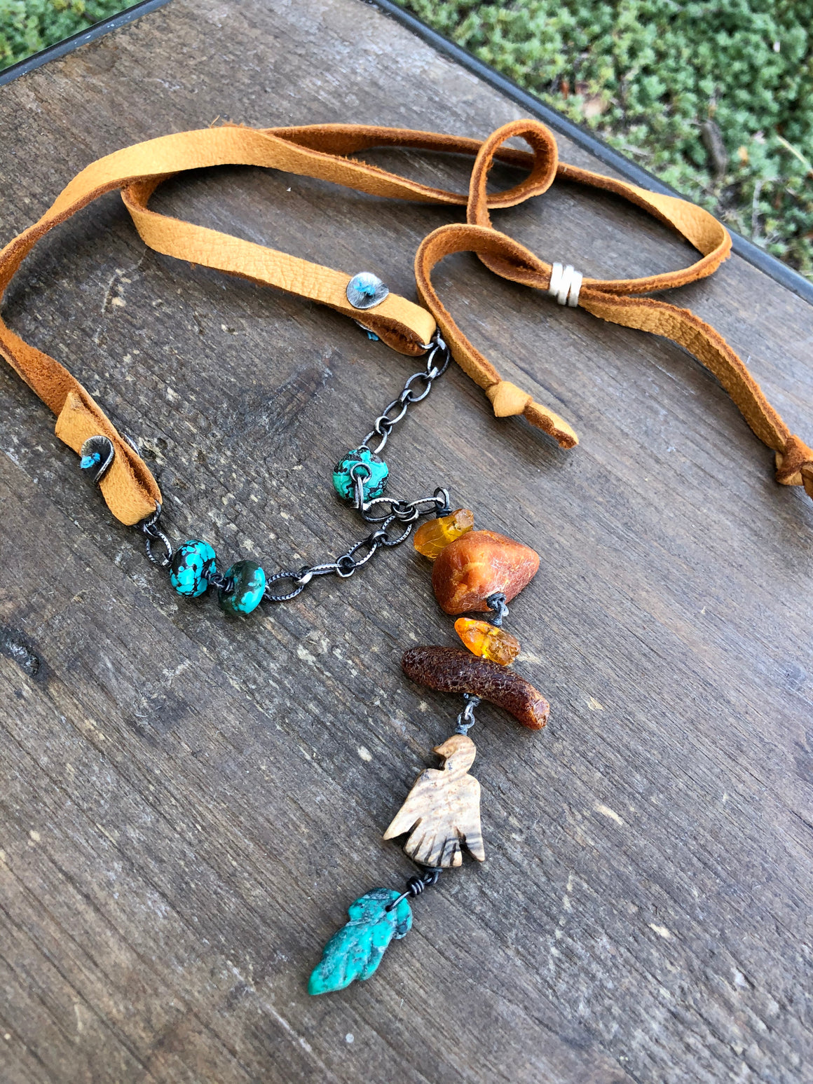 Amber, Turquoise Jasper Necklace on Leather