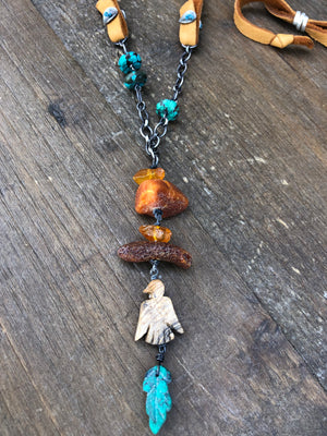 Amber, Turquoise Jasper Necklace on Leather