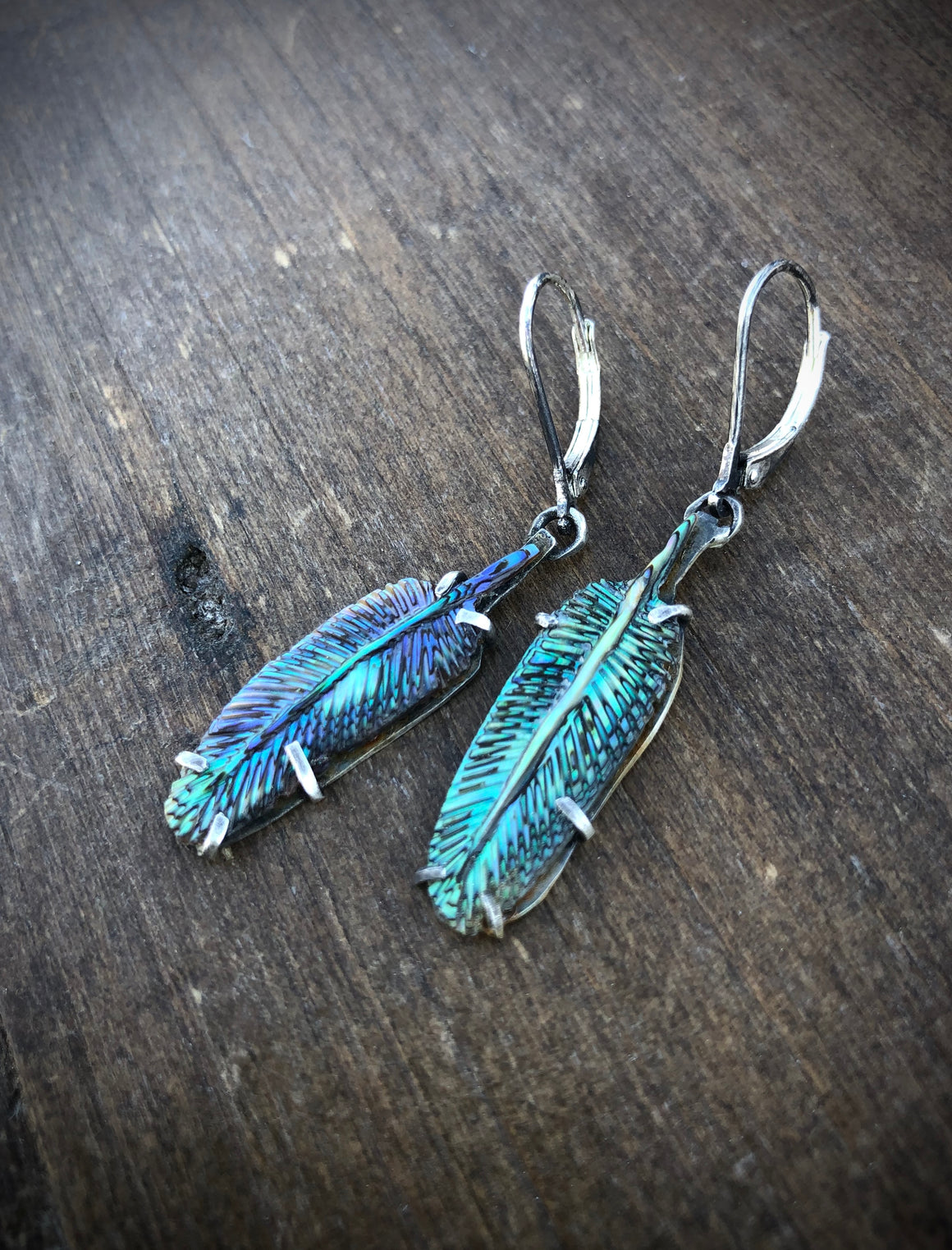 Petite Carved Abalone Feather Silver Earrings