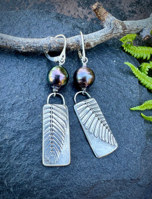 Tahitian Pearl and Silver Palm Leaf Earrings