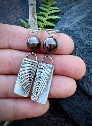 Tahitian Pearl and Silver Palm Leaf Earrings